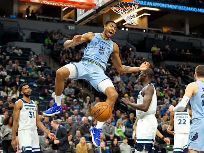 Dec 1, 2019; Minneapolis, MN, USA; Memphis Grizzlies forward Bruno Caboclo (5) dunks the ball during the third quarter against the Minnesota Timberwolves at Target Center. Mandatory Credit: Harrison Barden-USA TODAY Sports